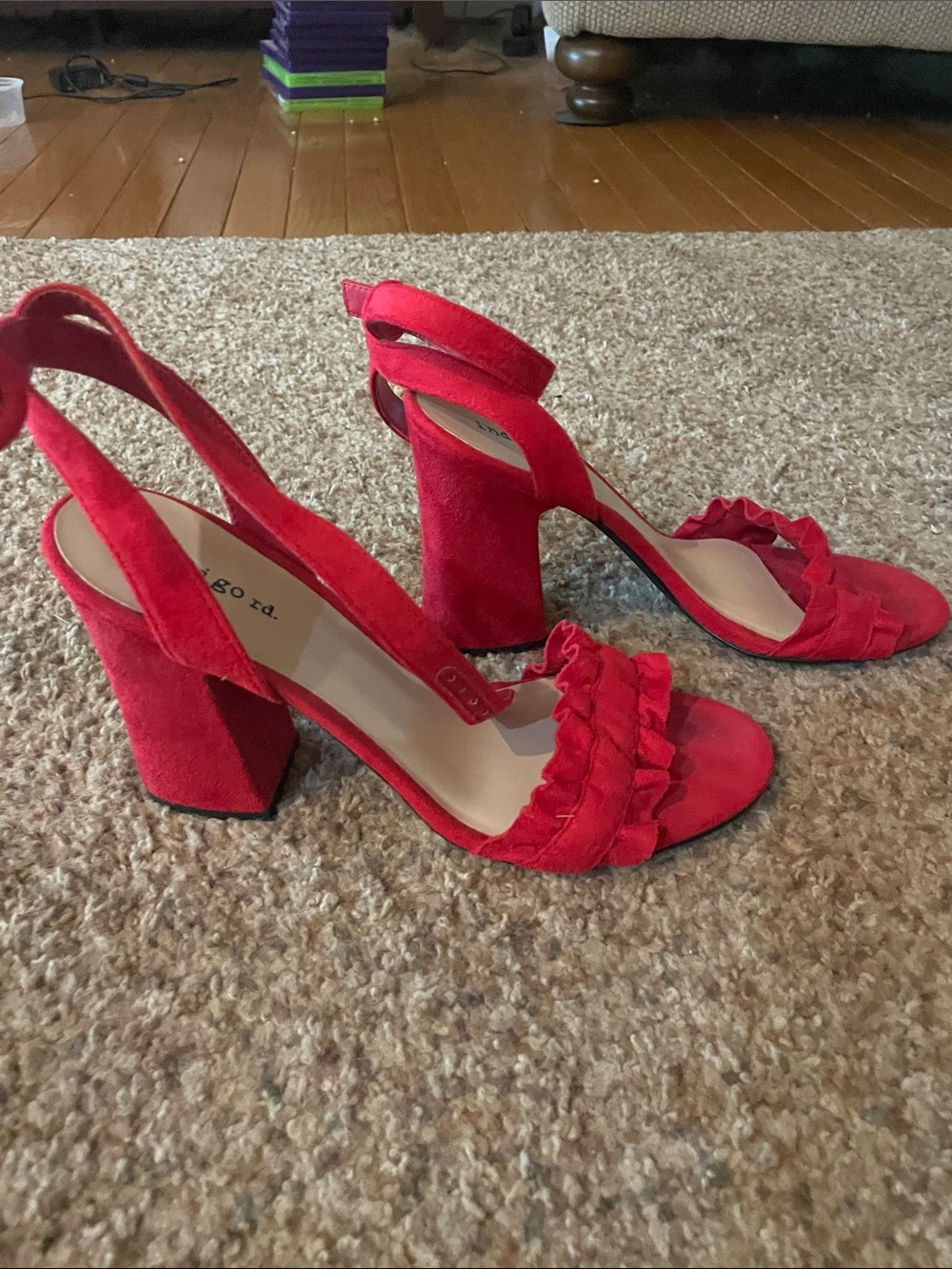 Indigo Rd Red Ruffle Ankle-Strap Block Heels 9M - Picture 3 of 9